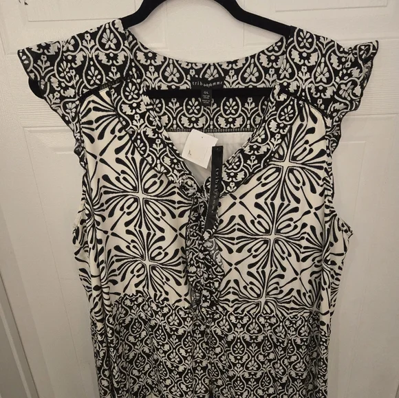 Tribal femme Large Black and White Sleeveless Maxi Boho Tie Tiered Dress - Picture 6 of 15